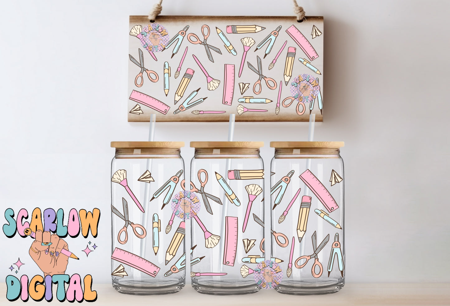 Back to School 16 Ounce Can Glass Wrap PNG Digital Design Download, crayons can glass wrap, pastel glass wrap, teacher can glass wraps png