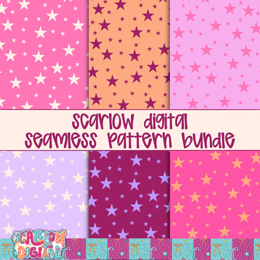 Pink and Purple Stars Seamless Pattern Bundle Digital Design