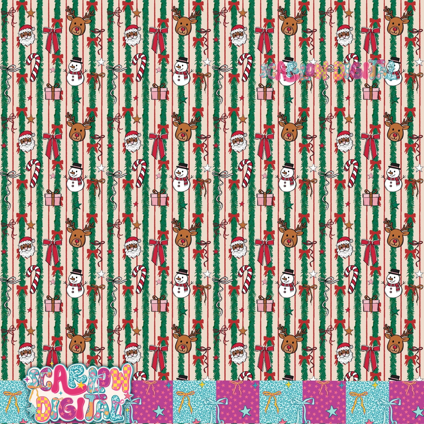Tinsel Bows and Christmas Doodles Seamless Pattern Digital Design