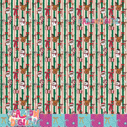 Tinsel Bows and Christmas Doodles Seamless Pattern Digital Design