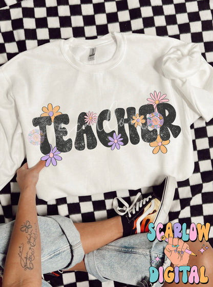 Teacher PNG Digital Design Download, back to school png, educator png, flowers png, trendy school design, floral teacher png, school png