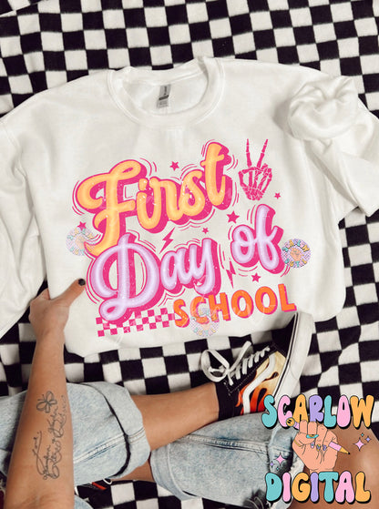 First Day of School PNG Digital Design Download, back to school png, checkered png, girl school png, retro png, trendy png, first day png