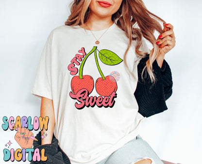 Stay Sweet PNG-Valentine's Day Sublimation Digital Design Download-cherries png, fruit png, kids valentines png, checkered png, retro png