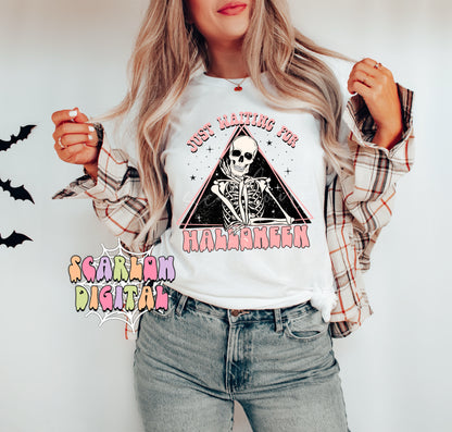 Just Waiting For Halloween-Skeleton Sublimation Digital Design Download-spooky season png, skull png, fall png, funny halloween png design