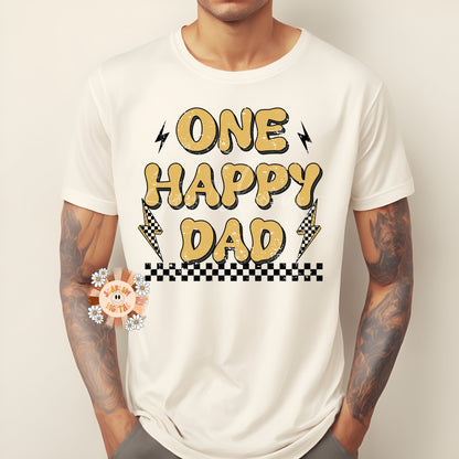 One Happy Dad PNG-Retro Sublimation Digital Design Download-checkered png, png for dads, happiness png, daddy and me png, dad and son png