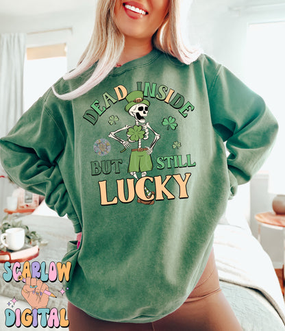 Dead Inside But Still Lucky PNG-St Patrick's Day Sublimation Digital Design Download-shamrock png, skeleton png, adult humor png designs