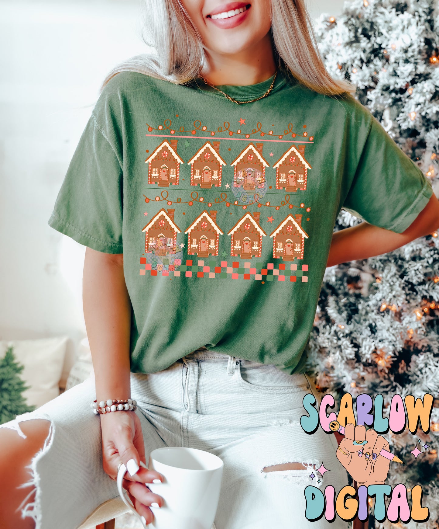 Gingerbread Houses PNG Digital Design Download, sweater pattern png, Christmas sweater png design, checkers png, christmas lights png design