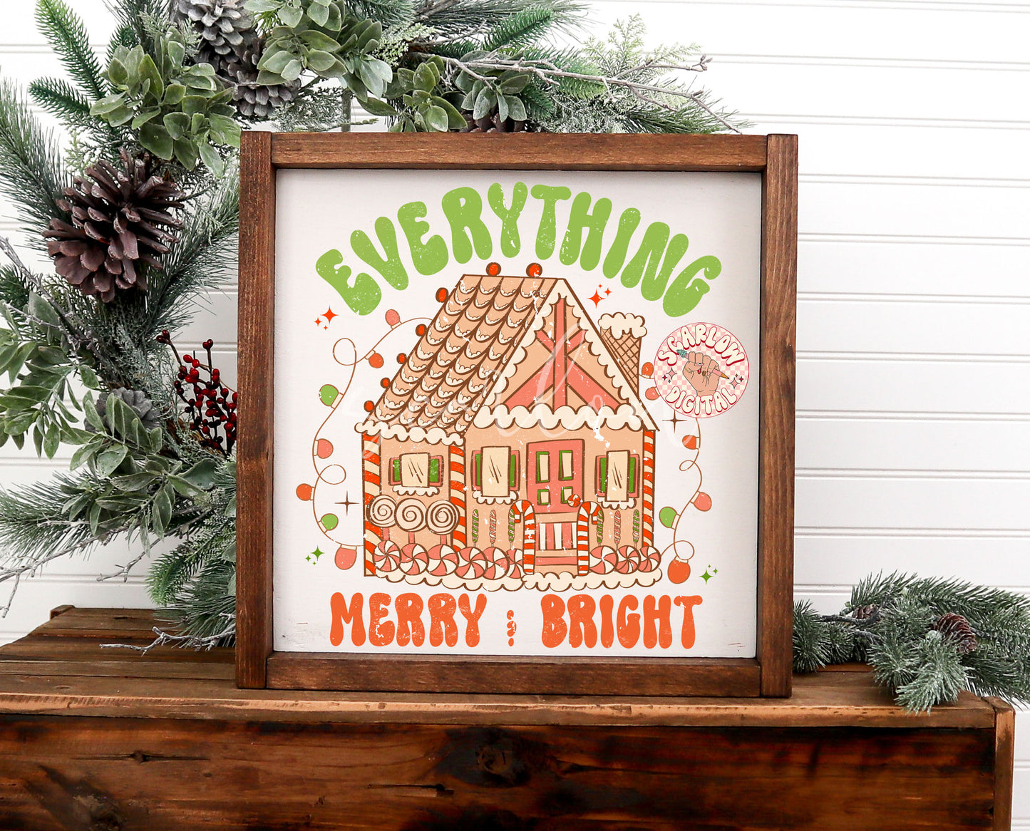 Everything Merry and Bright PNG-Christmas Sublimation Digital Design Download-gingerbread house png, christmas lights png, retro holiday png