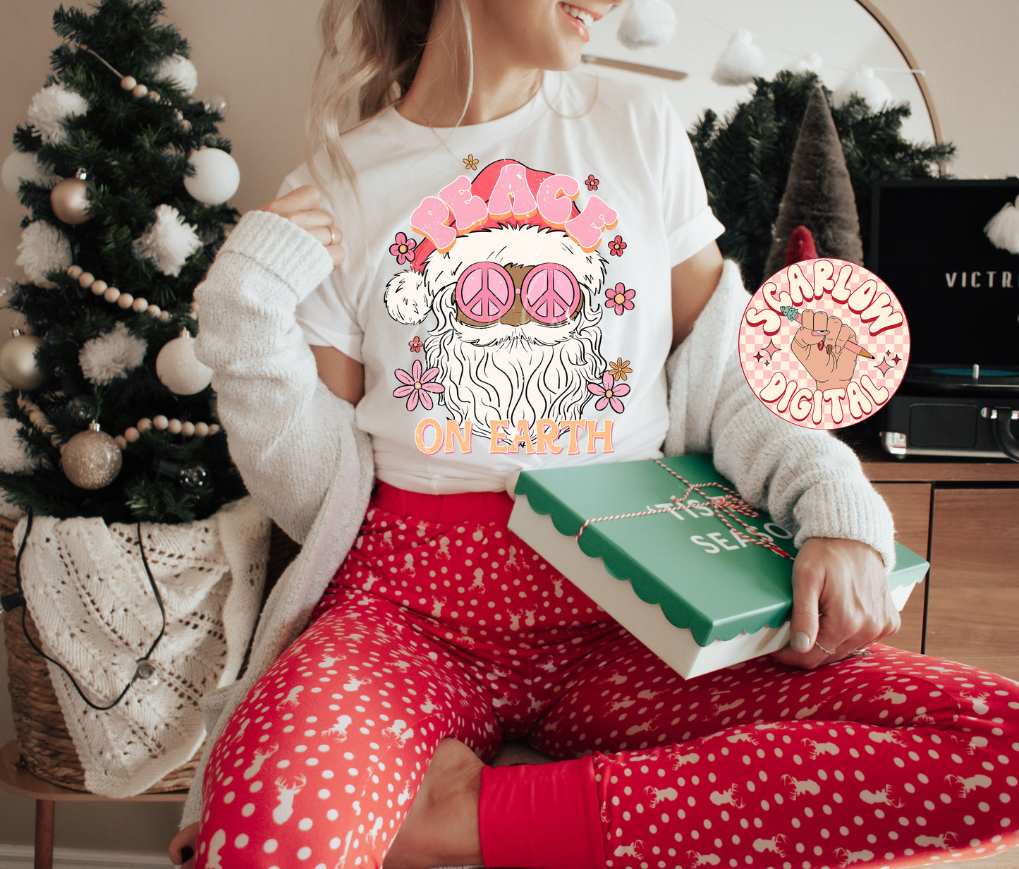 Peace on Earth PNG-Christmas Sublimation Digital Design Download-santa claus png, hippie santa png, groovy christmas png, flowers png design