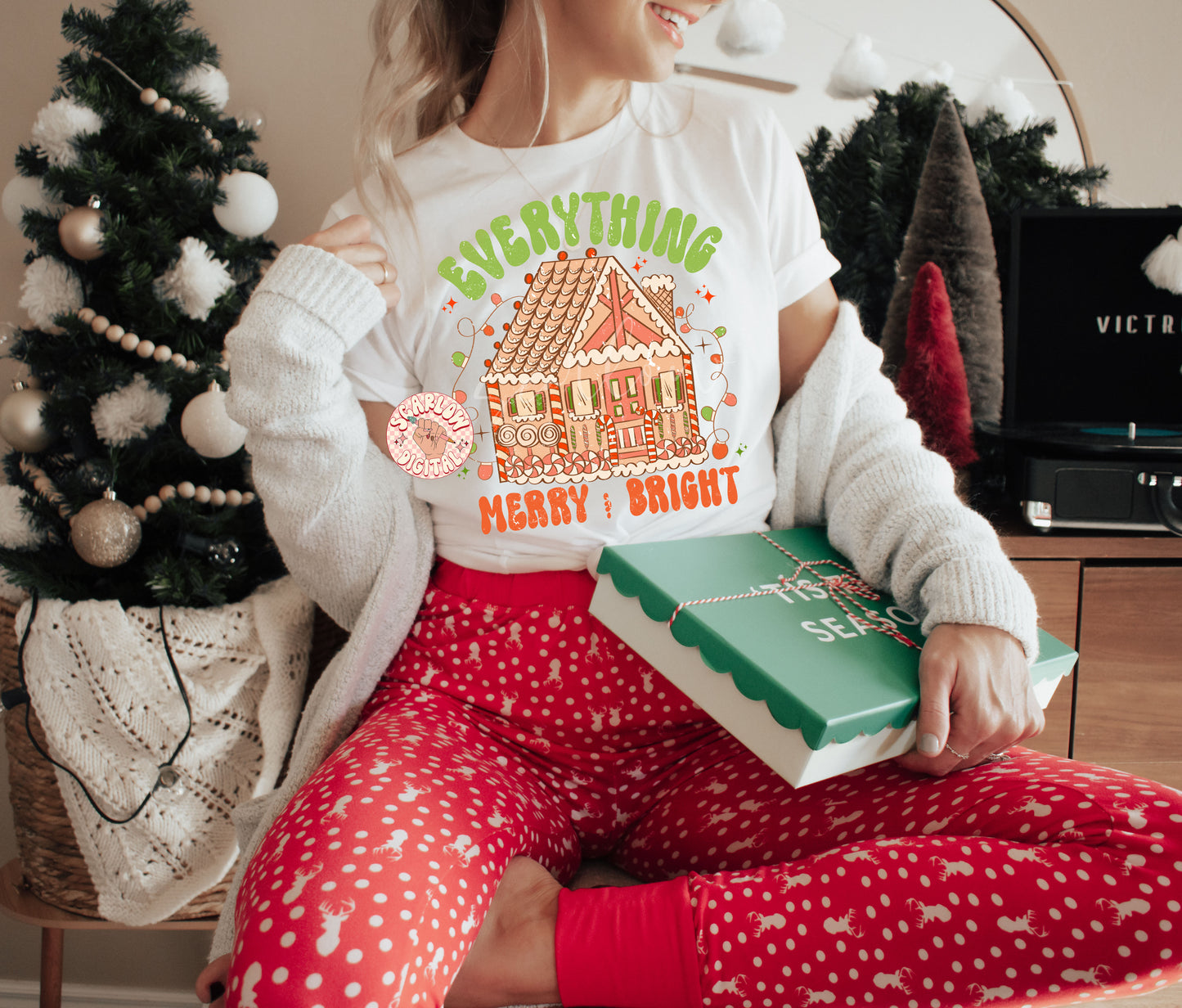 Everything Merry and Bright PNG-Christmas Sublimation Digital Design Download-gingerbread house png, christmas lights png, retro holiday png