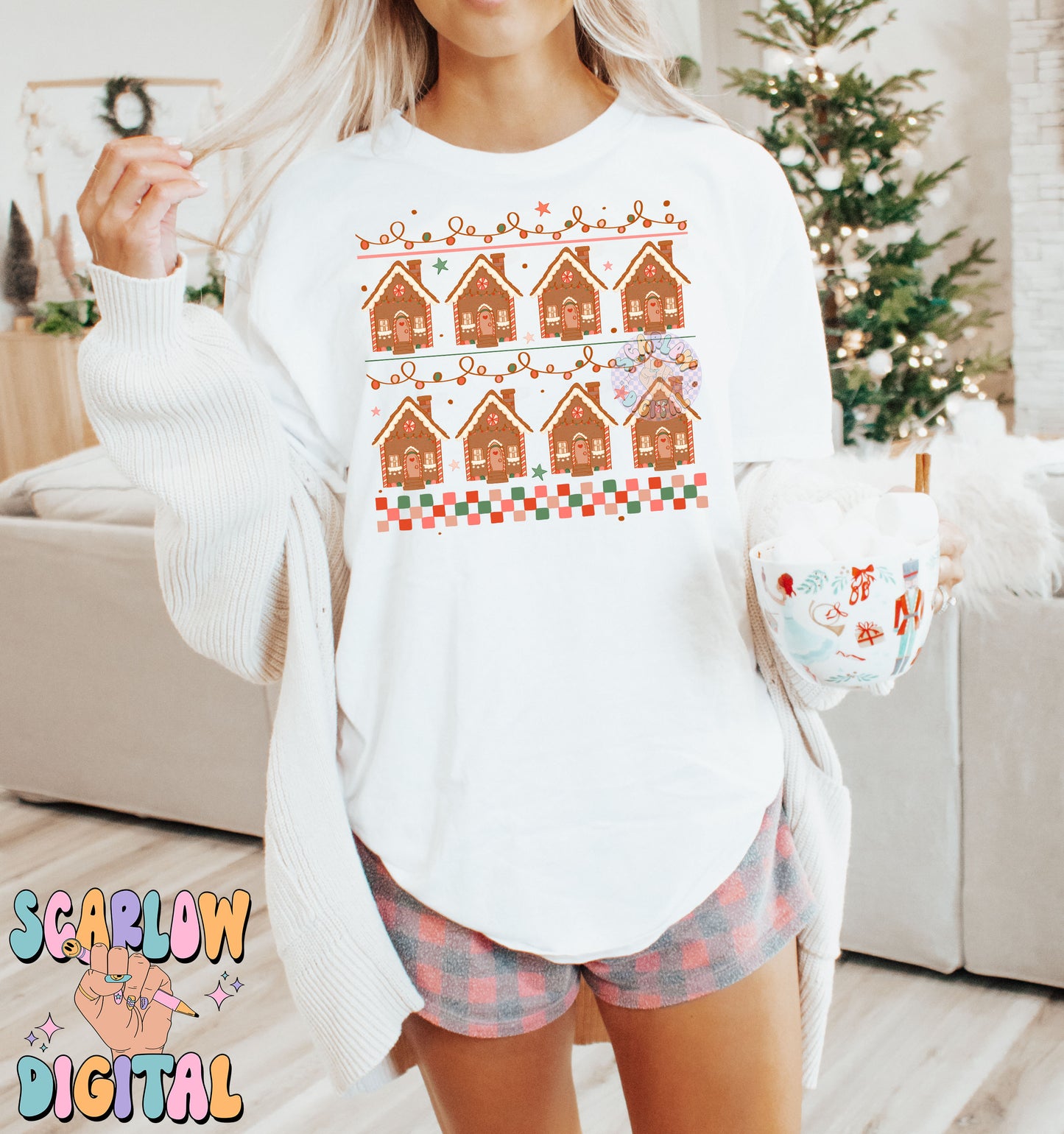 Gingerbread Houses PNG Digital Design Download, sweater pattern png, Christmas sweater png design, checkers png, christmas lights png design