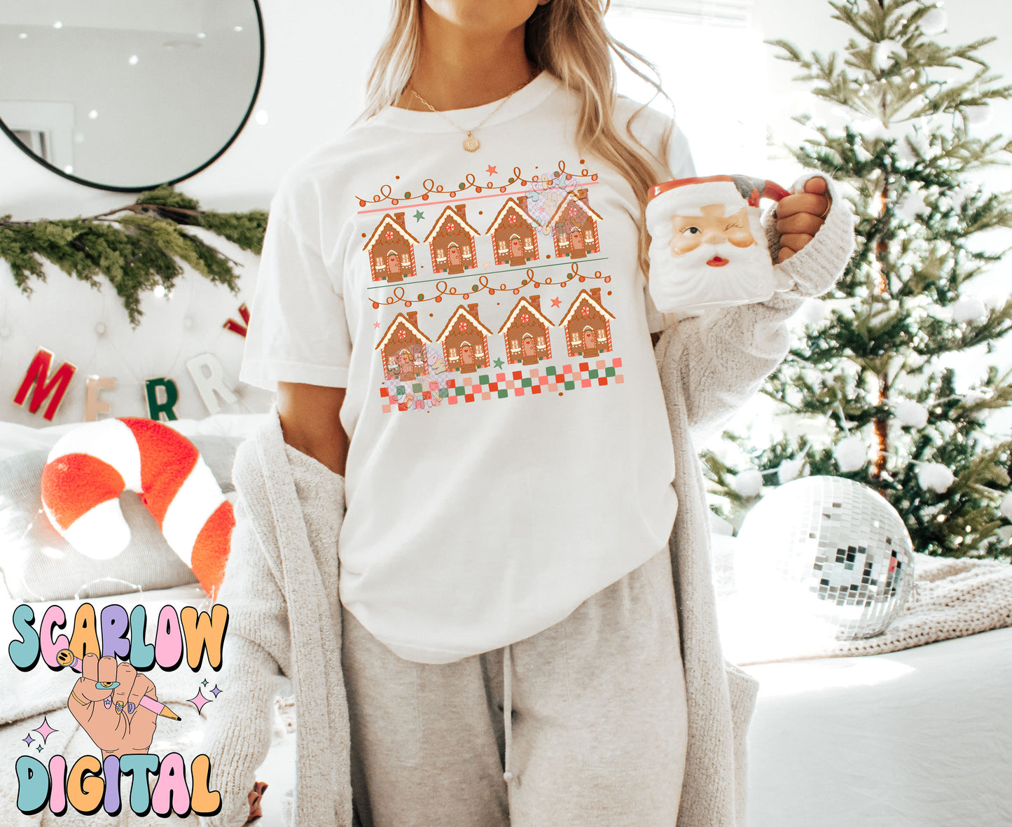 Gingerbread Houses PNG Digital Design Download, sweater pattern png, Christmas sweater png design, checkers png, christmas lights png design