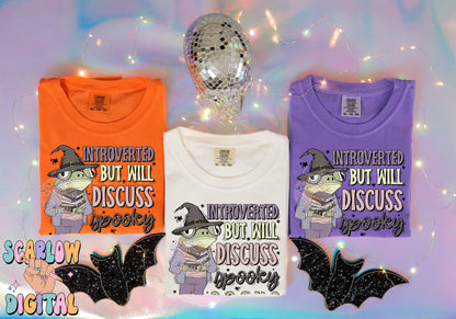 Introverted But Will Discuss Spooky Books PNG Digital Design Download, halloween png, reading png, frog png, witch png, spooky season png