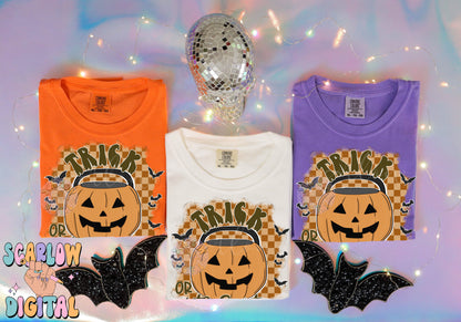 Trick or Treat PNG Digital Design Download, Halloween png, pumpkin bucket png, checkers png, spooky season png, bats png, fall png designs