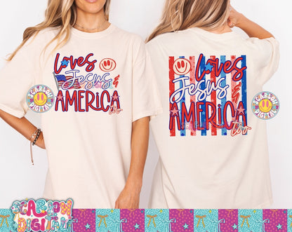 Loves Jesus & America Too July 4th Front and Back PNG Digital Design