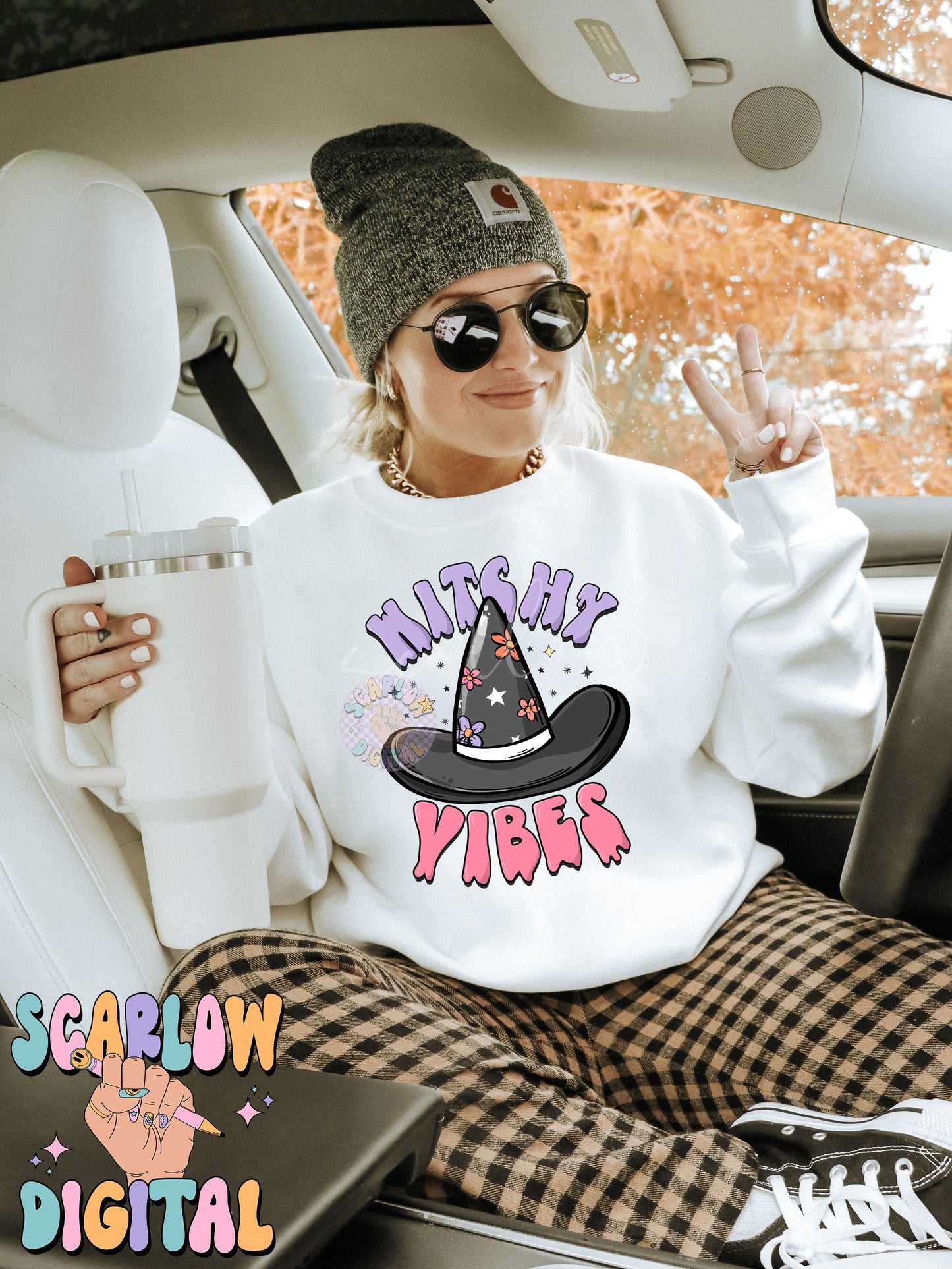 Witchy Vibes PNG Digital Design Download, Halloween png, witch png, witch hat png, preppy halloween png, retro spooky season png, girl png