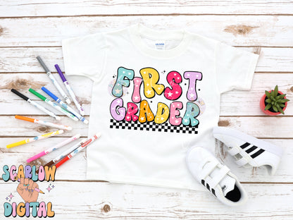 First Grader PNG Digital Design Download, back to school png, school designs, retro back to school png, colorful kids tshirt designs