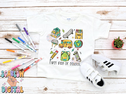 First Day of School PNG Digital Design Download, back to school png, kid png, skater boy png, books png, elementary school png, boy png