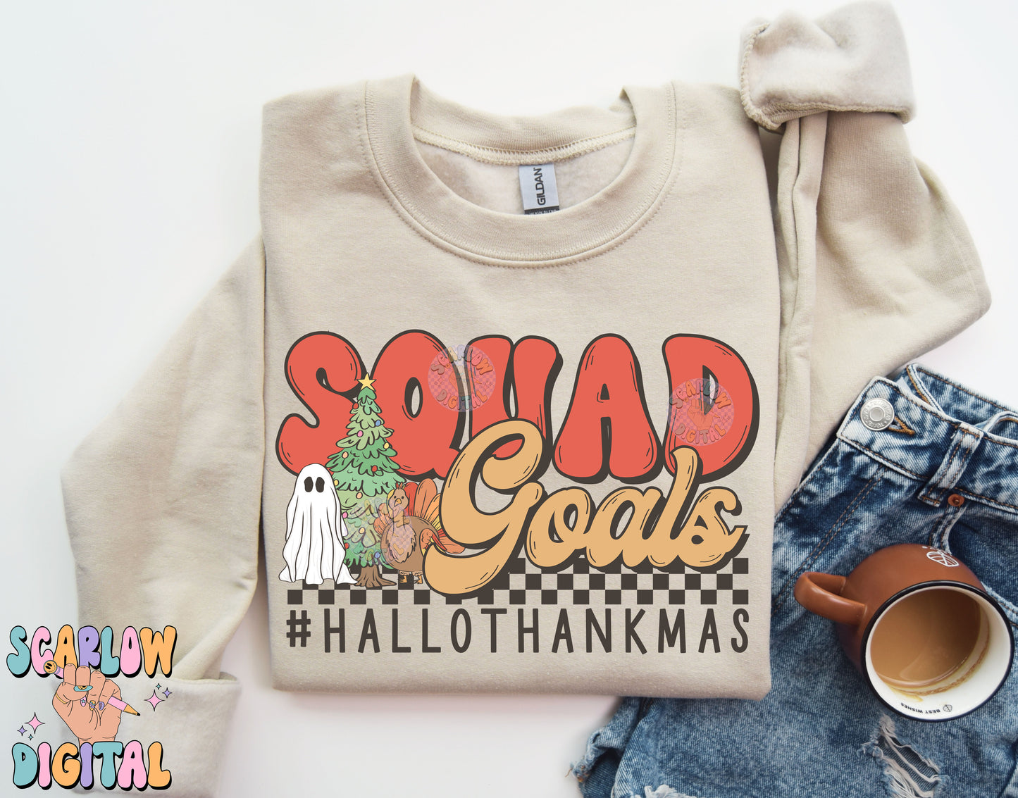 Squad Goals HalloThankMas PNG Digital Design Download, halloween png, christmas png, thanksgiving png, ghost png, turkey png, xmas tree png