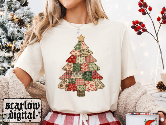 Patchwork Christmas Tree PNG Digital Design
