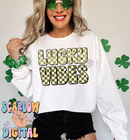 Lucky Vibes PNG-St Patrick's Day Digital Design Download-checkered png, retro st patrick's day designs, irish sublimation, leprechaun png