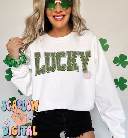 Lucky PNG-St Patrick's Day Sublimation Digital Design Download-varsity png, vintage png, grunge png, shamrock png, irish png, simple png
