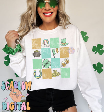 Checkered St Patrick's Day Doodles PNG Sublimation Digital Design Download, leprechaun png, png with no words, lucky png, boy png designs