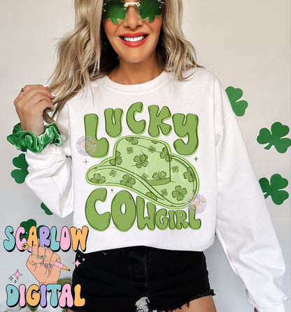 Lucky Cowgirl PNG-St Patrick's Day Sublimation Digital Design Download-shamrock png, western png, lucky girl png, irish png, cowgirl png