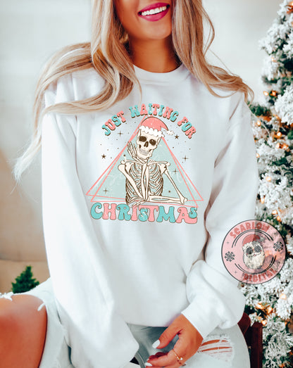 Just Waiting For Christmas-Skeleton Sublimation Digital Design Download-santa hat png, skull png, winter png, boho christmas png, retro png