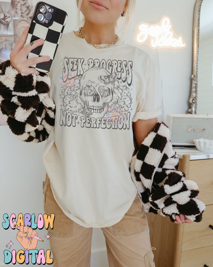 Seek Progress Not Perfection PNG Digital Design Download, skull png, skeleton png, celestial png, self care png, butterfly png, mushroom png