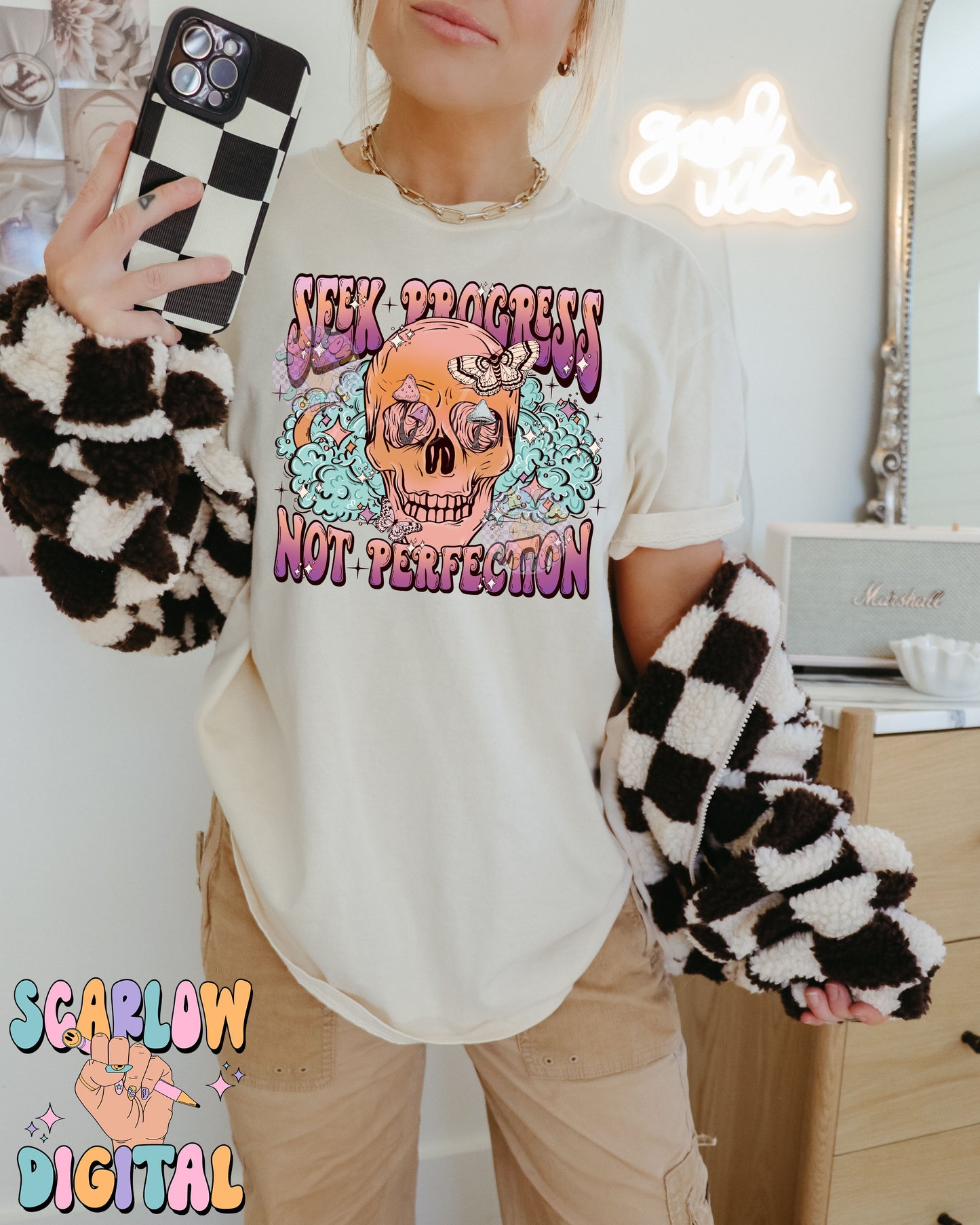 Seek Progress Not Perfection PNG Digital Design Download, skull png, skeleton png, celestial png, self care png, butterfly png, mushroom png