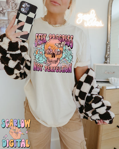 Seek Progress Not Perfection PNG Digital Design Download, skull png, skeleton png, celestial png, self care png, butterfly png, mushroom png