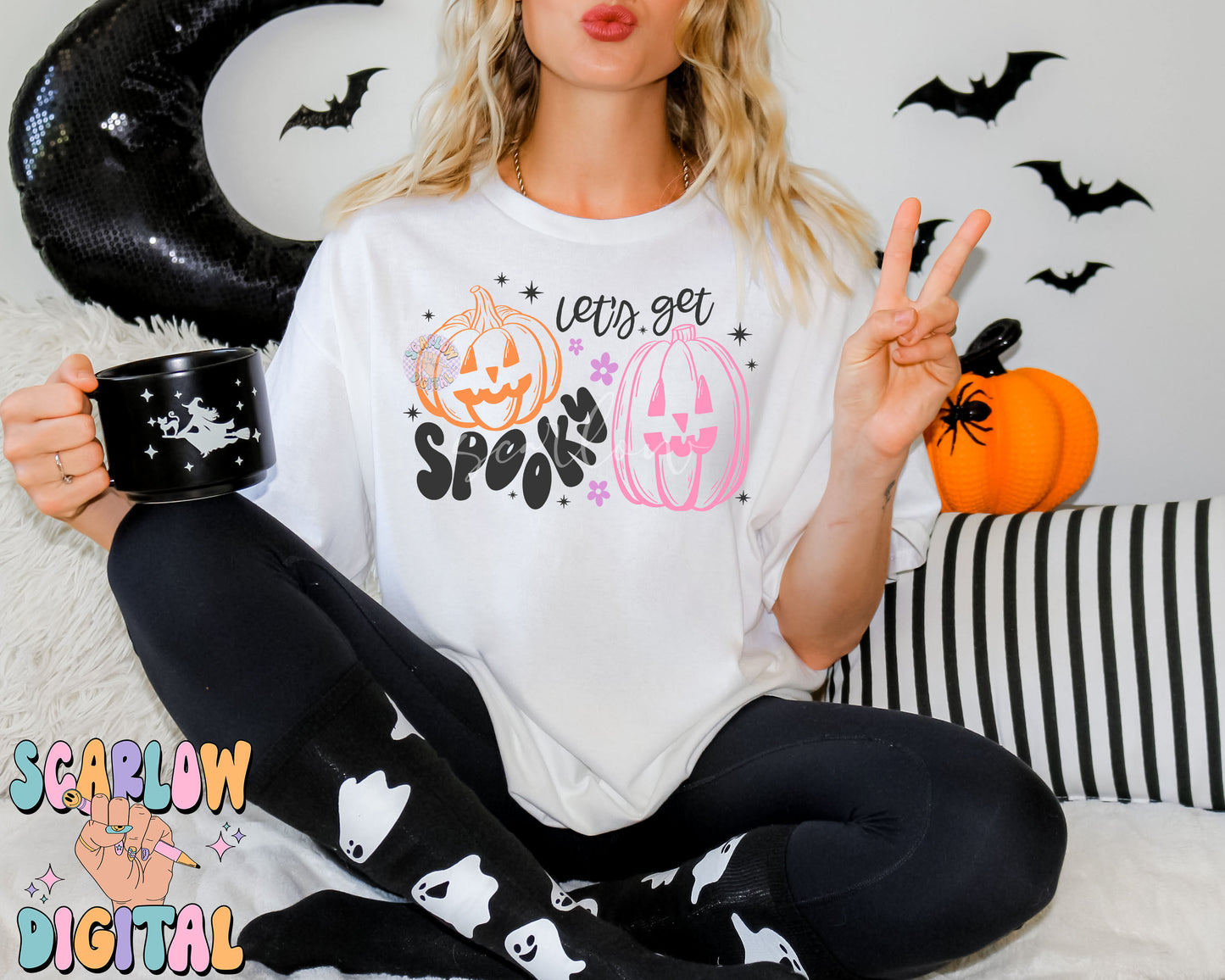 Let's Get Spooky PNG Digital Design Download, Halloween png designs, jack-o'-lantern png, bats png, retro halloween png, trendy fall designs