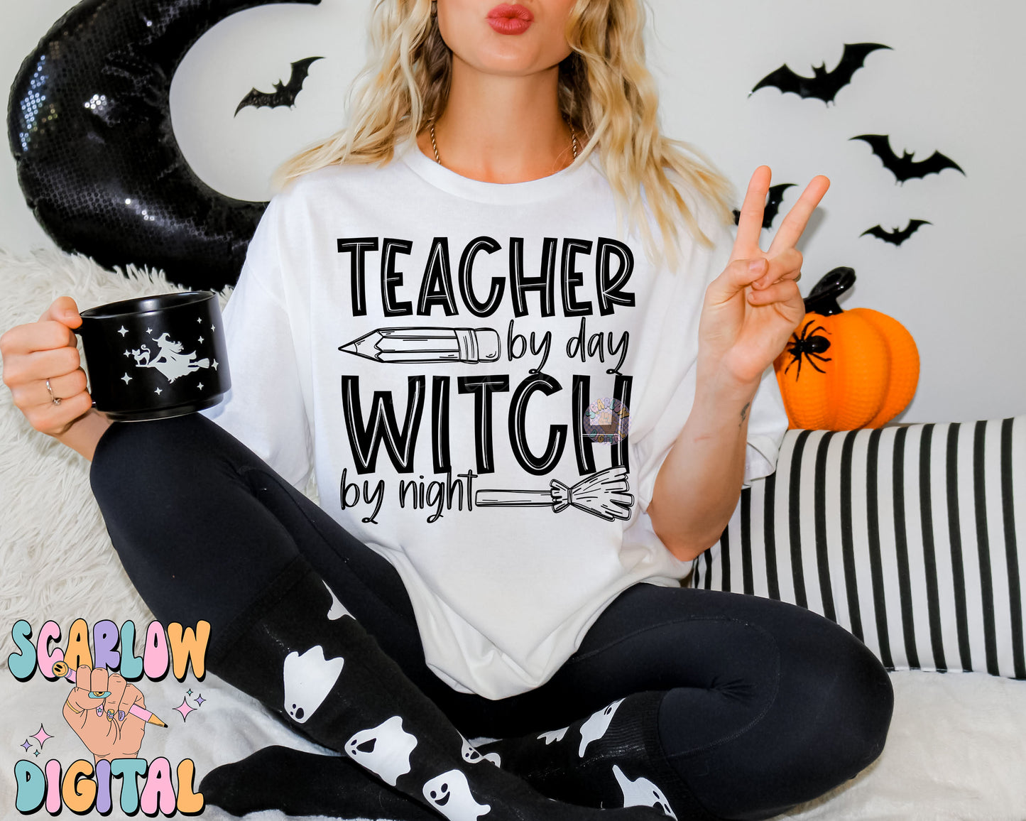 Teacher By Day Witch By Night PNG Digital Design Download, Halloween png, pencil png, witch broom png, spooky teacher png, single color png