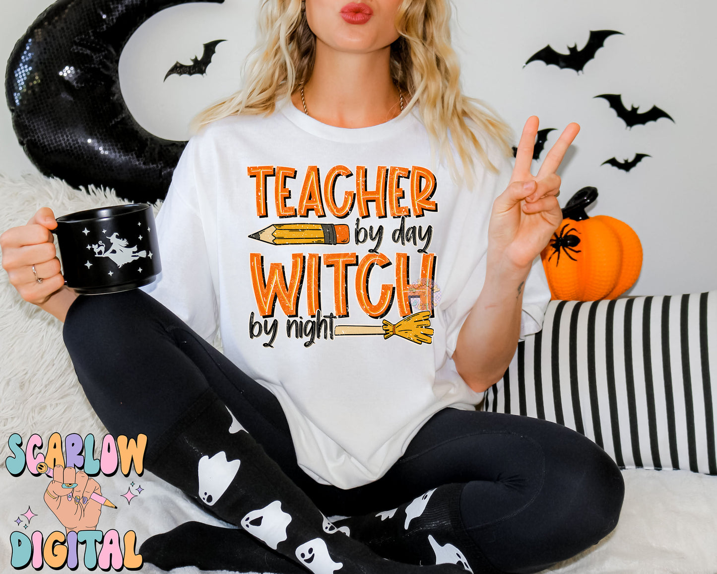 Teacher By Day Witch By Night PNG Digital Design Download, Halloween png, pencil png, witches broom png, spooky teacher png, trendy png