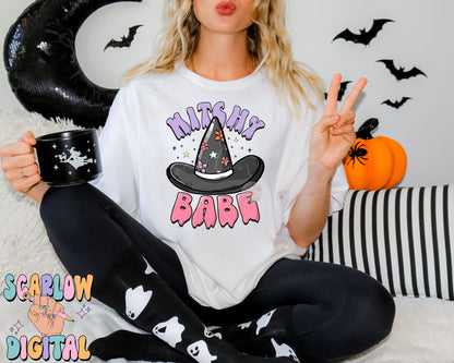 Witchy Babe PNG Digital Design Download, Halloween png, kids halloween designs, witch hat png, preppy halloween png, mama mini png designs