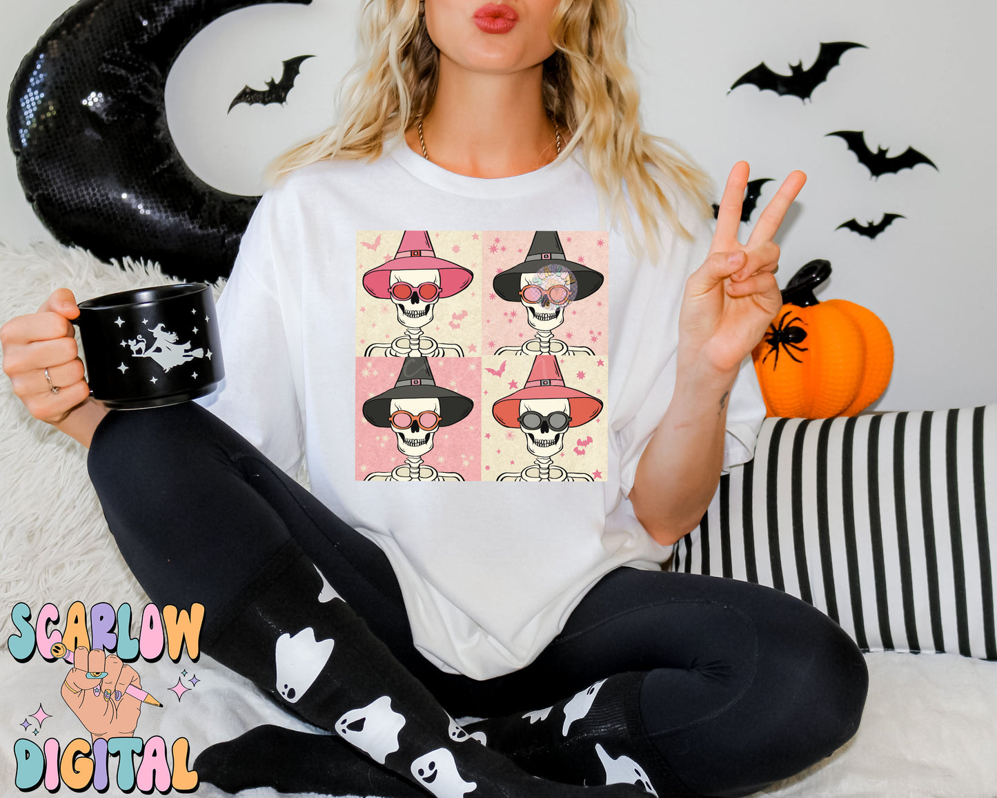 Skeletons in Witch Hats PNG Digital Design Download, Halloween png, skulls png, pink halloween png, bats png, spooky season png, witches png