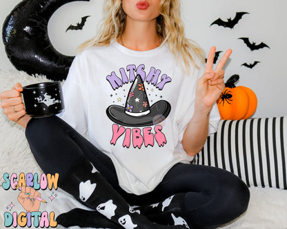 Witchy Vibes PNG Digital Design Download, Halloween png, witch png, witch hat png, preppy halloween png, retro spooky season png, girl png