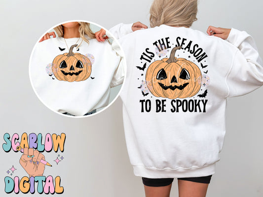 Tis The Season To Be Spooky Front and Back PNG Digital Design Download, halloween pocket & back png, jack-o'-lantern png, spooky season png