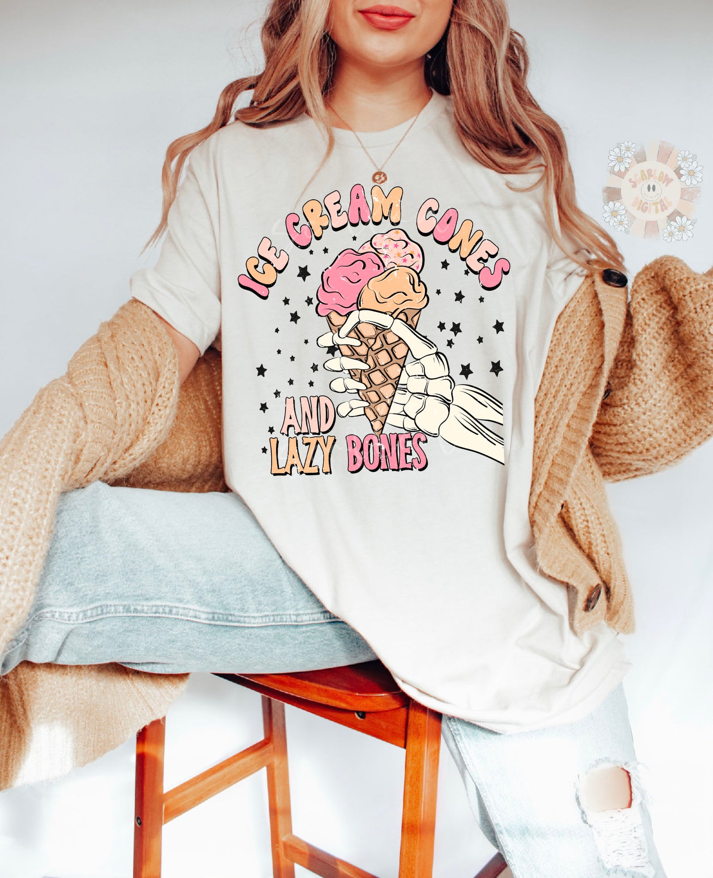 Ice Cream Cones and Lazy Bones PNG Sublimation Digital Design Download, girly png, stars png, preppy png, skeleton png, halloween png design