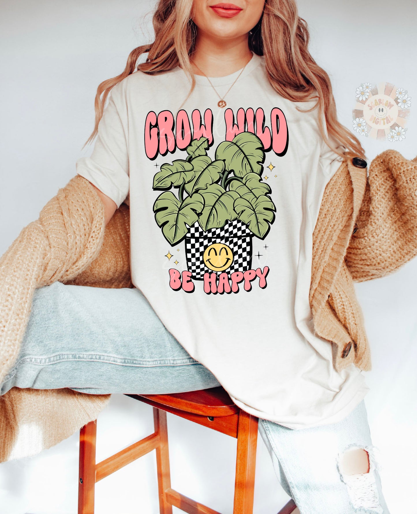 Grow Wild Be Happy PNG-Plants Sublimation Digital Design Download-monstera png, plant mom png, plant lover png, retro png, preppy png, trend