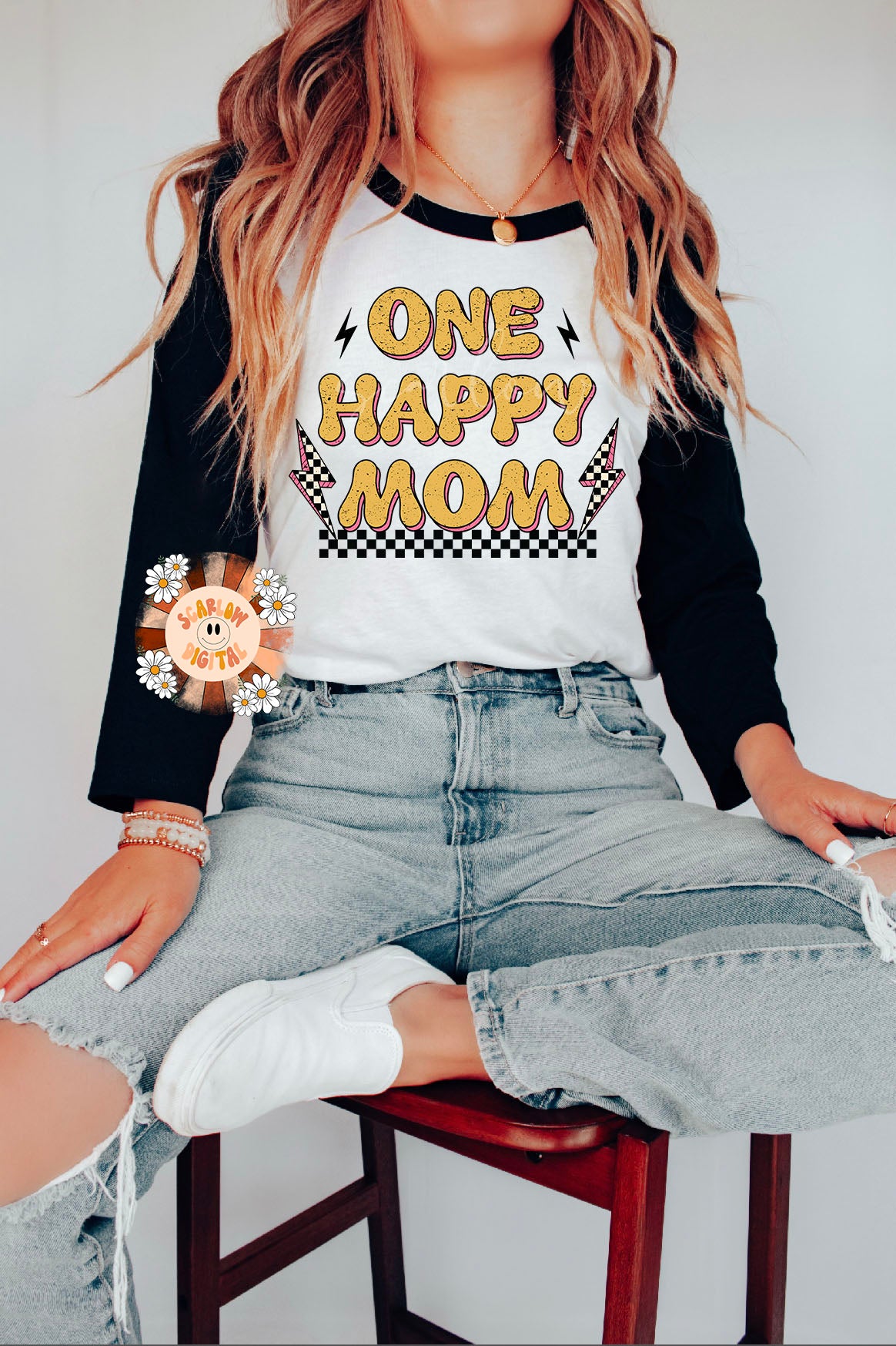 One Happy Mom PNG-Retro Sublimation Digital Design Download-checkered png, png for moms, happiness png, mommy and me png, mama png designs