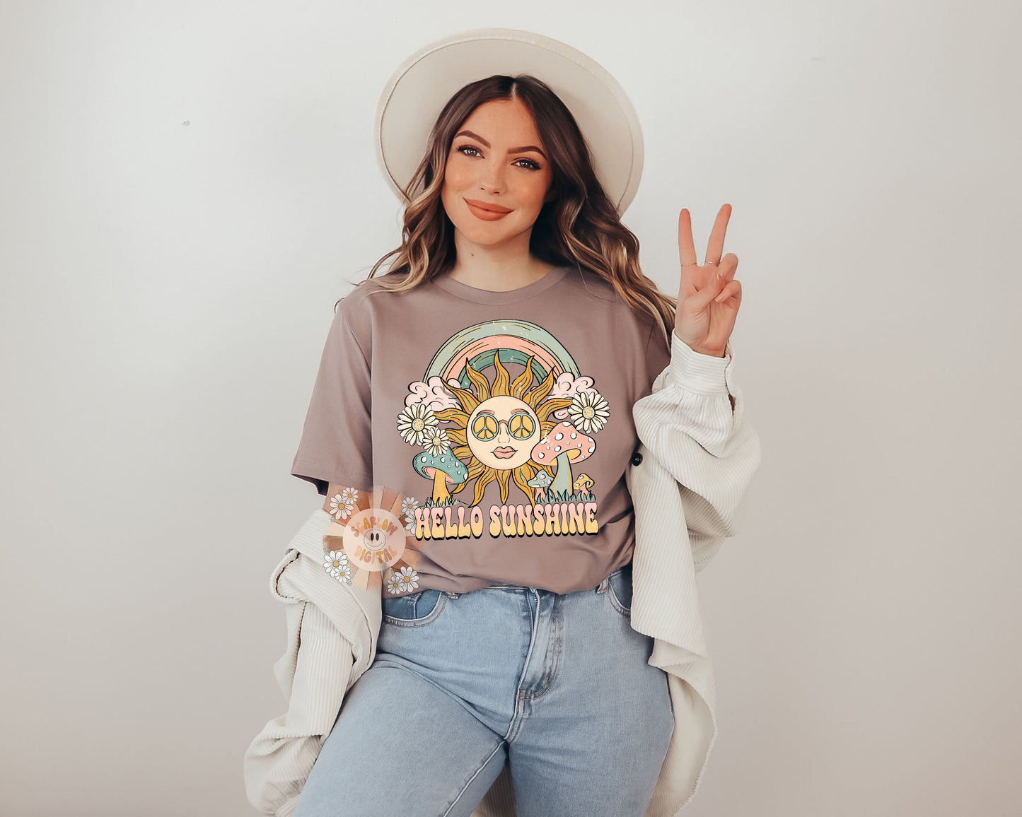 Hello Sunshine PNG-Hippie Sublimation Digital Design Download-summer png, boho png, retro png, groovy png, flowers png, trippy png, mushroom