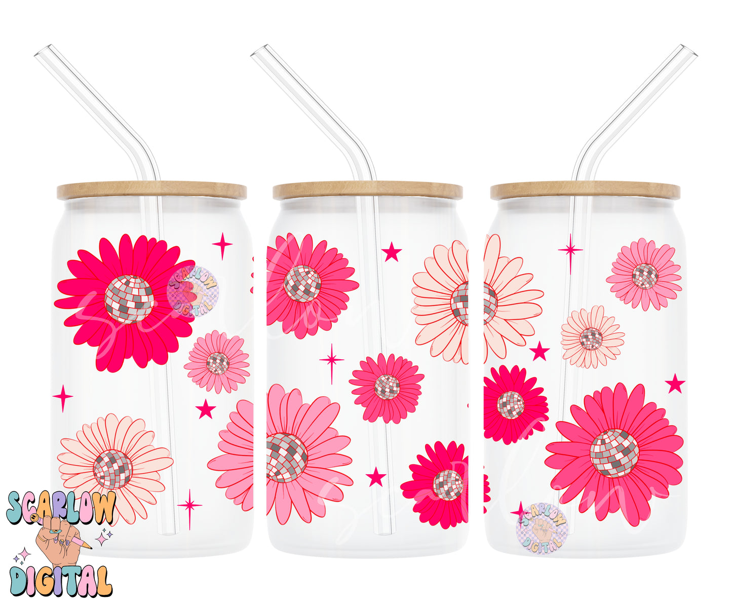 Disco Flowers 16 Ounce Can Glass Wrap PNG-New Years Sublimation Digital Design Download-UV DTF can glass wrap png, beer can glass png design