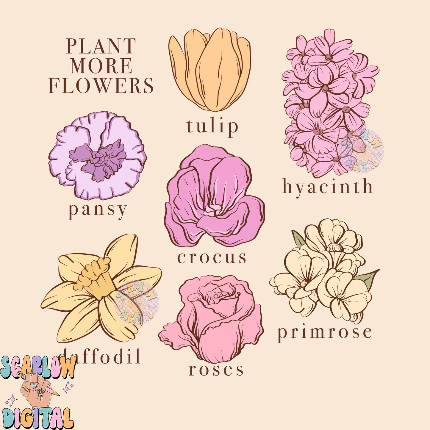 Plant More Flowers PNG-Spring Sublimation Digital Design Download-floral png, simple png, hyacinth png, pansy png, roses png, tulips png