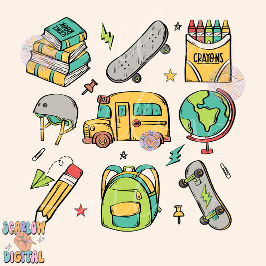 Back to School Doodles PNG Digital Design Download, school bus png, books png, globe png, skateboard png, boy school png, pencil png designs
