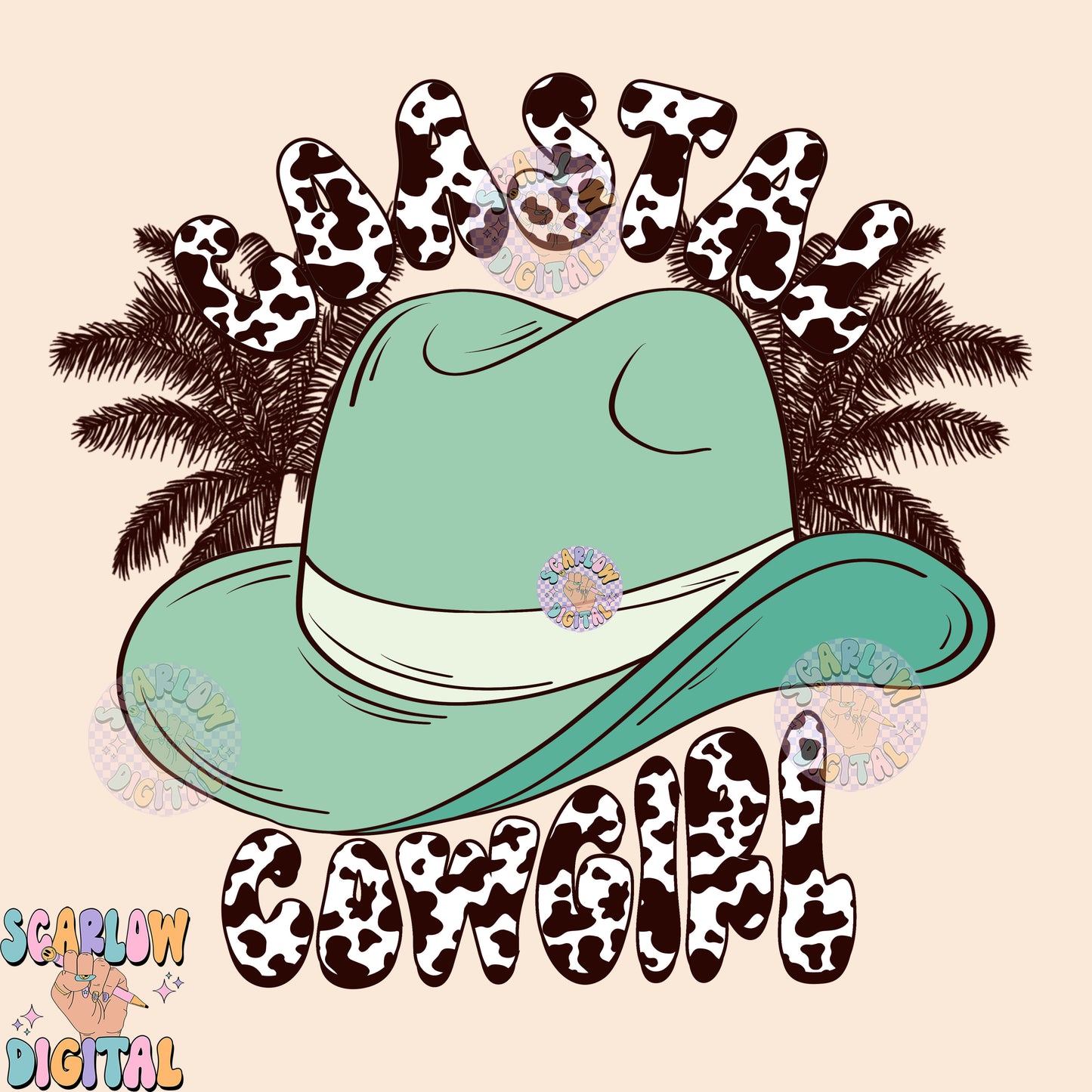 Coastal Cowgirl PNG Digital Design Download, cowgirl hat png, palm trees png, summer tshirt png, beachy png prints, trendy digital prints