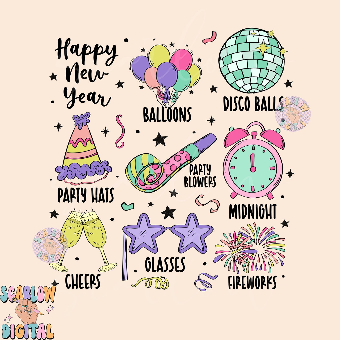 Happy New Year PNG Sublimation Digital Design Download, disco ball png, new years eve png, cheers png, 2025 png, party png, kids png designs