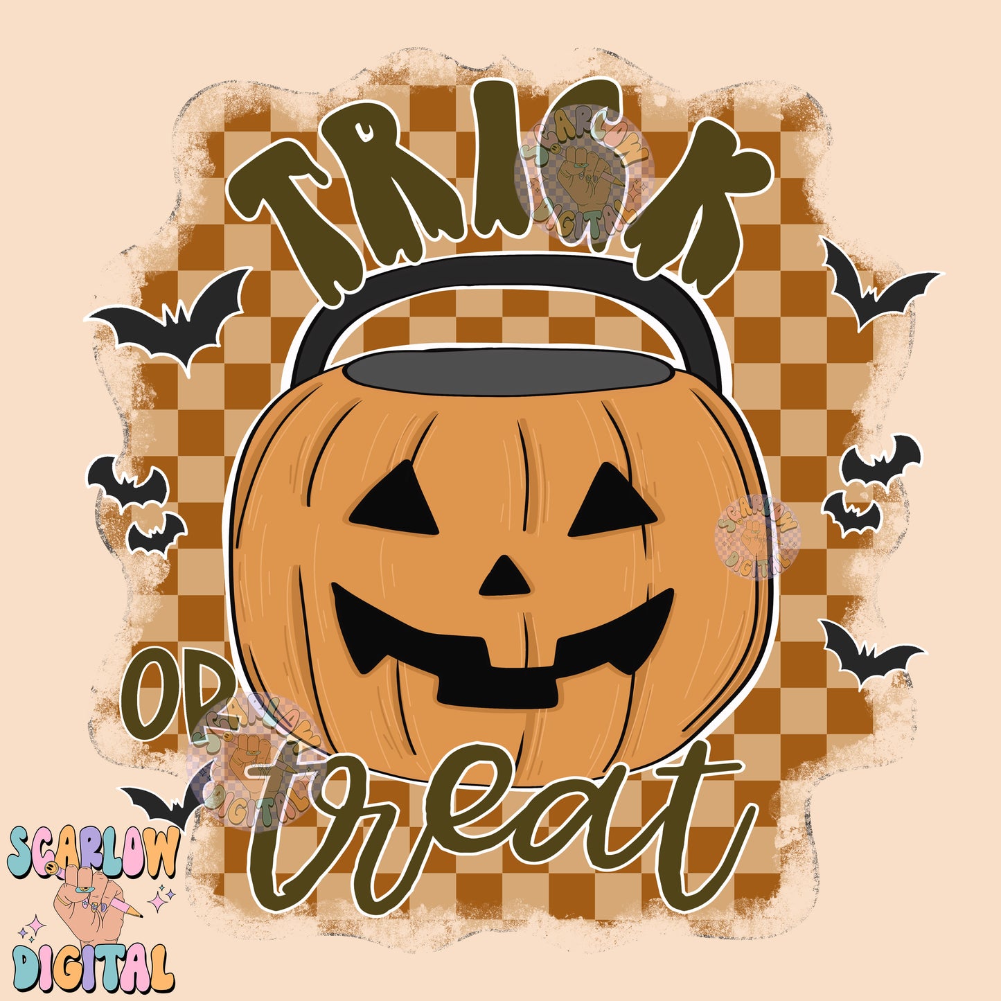 Trick or Treat PNG Digital Design Download, Halloween png, pumpkin bucket png, checkers png, spooky season png, bats png, fall png designs