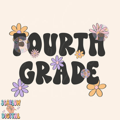 Fourth Grade PNG Digital Design Download, back to school png, little girl png, flowers png, grade school png, trendy school design, girl png